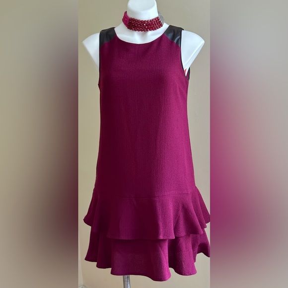 Anthropologie HD in Paris Berry Faux Leather Trim Ruffle Hem Sleeveless Sz 4 - Picture 1 of 15